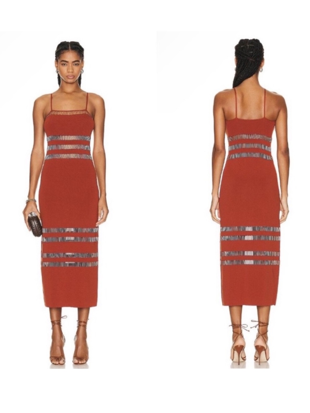 NWT Cult Gaia Olitan Tannin Rust Brown Beaded Knit Midi Bodycon Dress Large